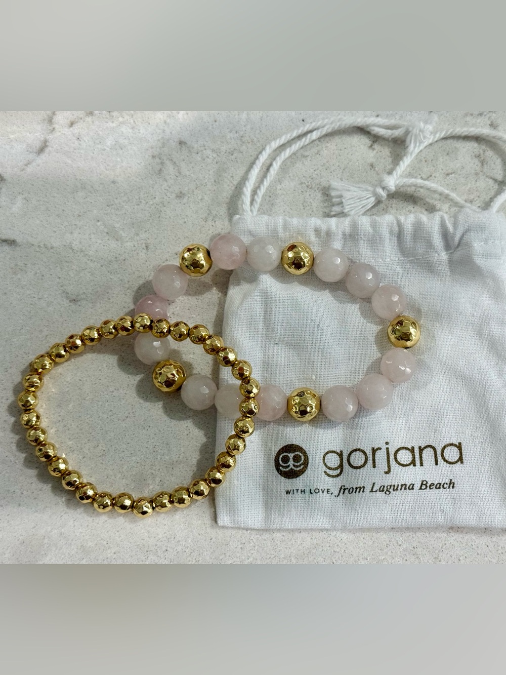 NWOT Gorjana Rose Quartz and 18K Gold Plated Beaded Bracelet Set 🌹